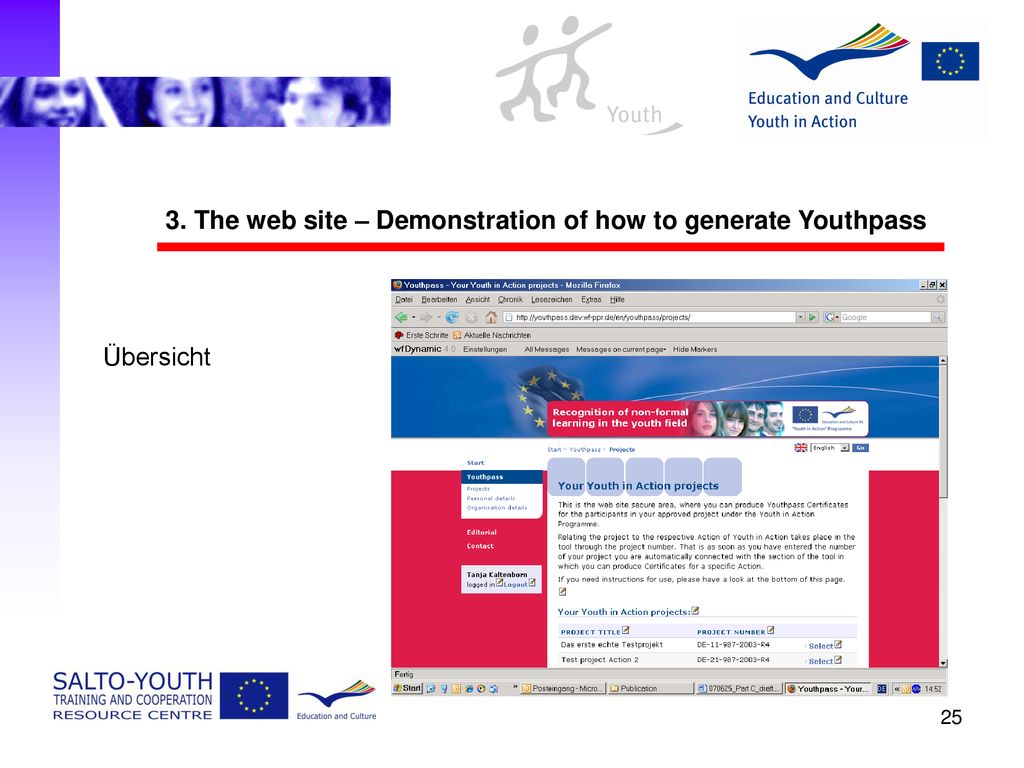 3. The web site – Demonstration of how to generate Youthpass