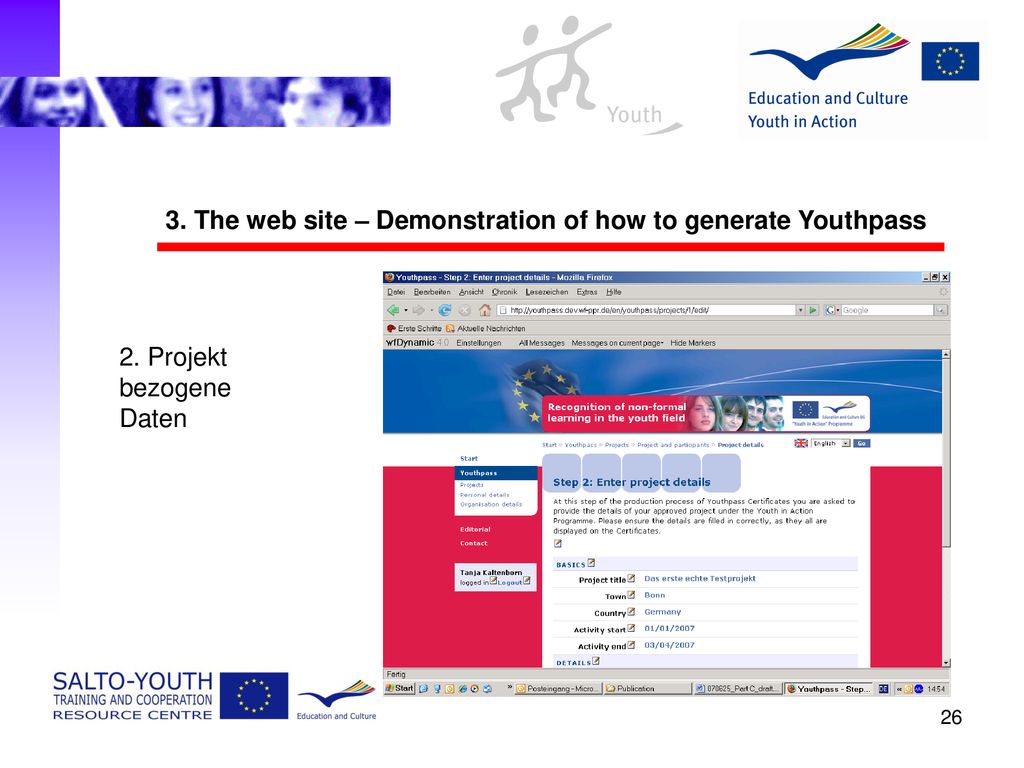 3. The web site – Demonstration of how to generate Youthpass