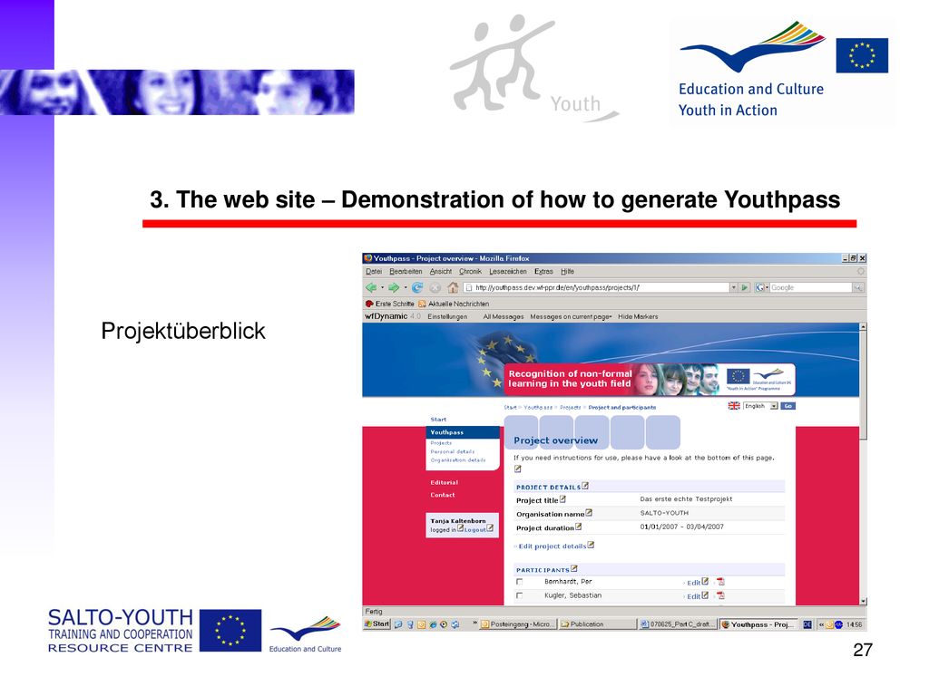 3. The web site – Demonstration of how to generate Youthpass