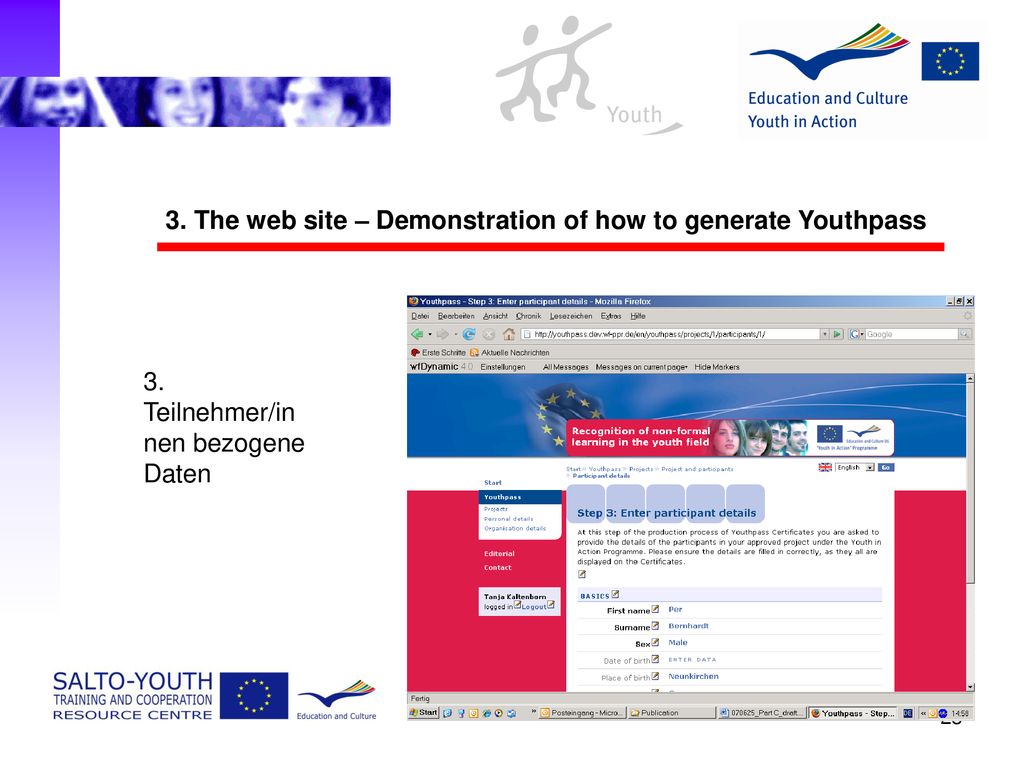 3. The web site – Demonstration of how to generate Youthpass