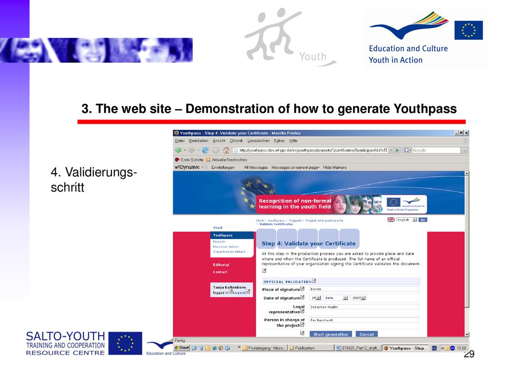 3. The web site – Demonstration of how to generate Youthpass