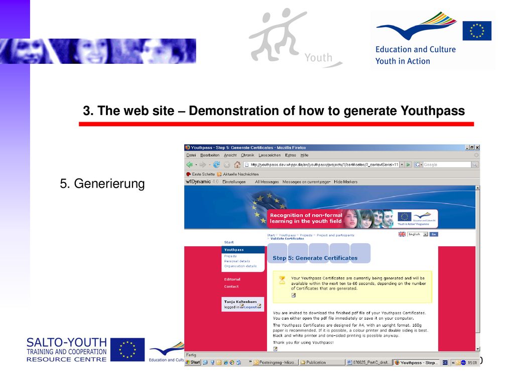 3. The web site – Demonstration of how to generate Youthpass