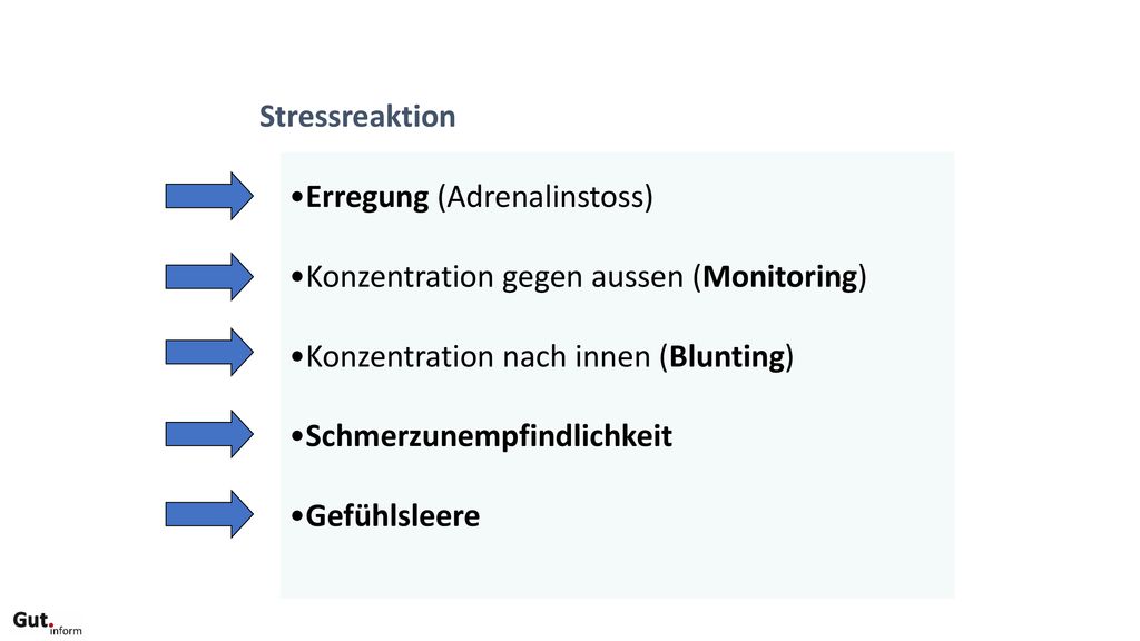 Stressreaktion Erregung (Adrenalinstoss) Konzentration gegen aussen (Monitoring) Konzentration nach innen (Blunting)