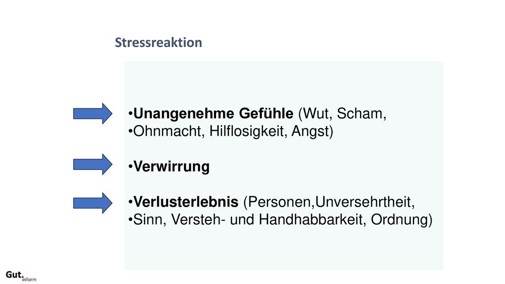 Stressreaktion Unangenehme Gefühle (Wut, Scham, Ohnmacht, Hilflosigkeit, Angst) Verwirrung. Verlusterlebnis (Personen,Unversehrtheit,