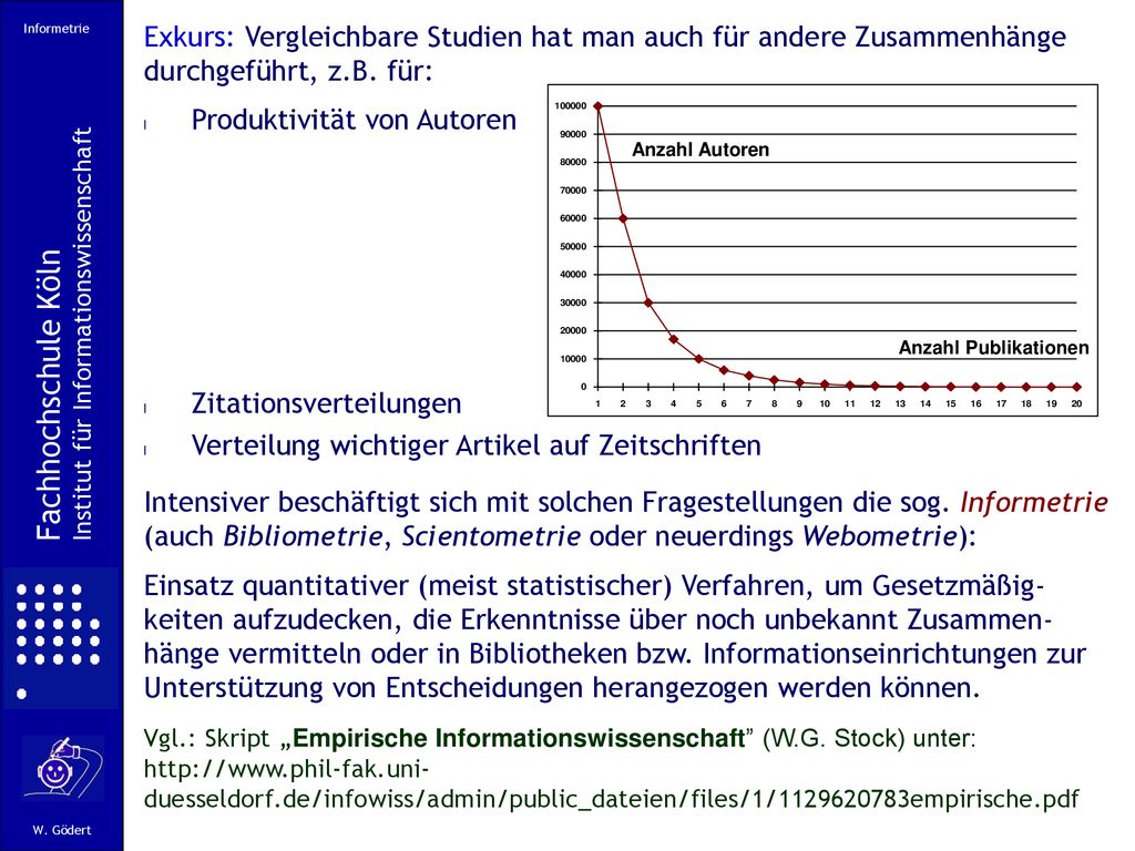 Informetrie Exkurs: Vergleichbare Studien hat man auch für andere Zusammenhänge durchgeführt, z.B. für: