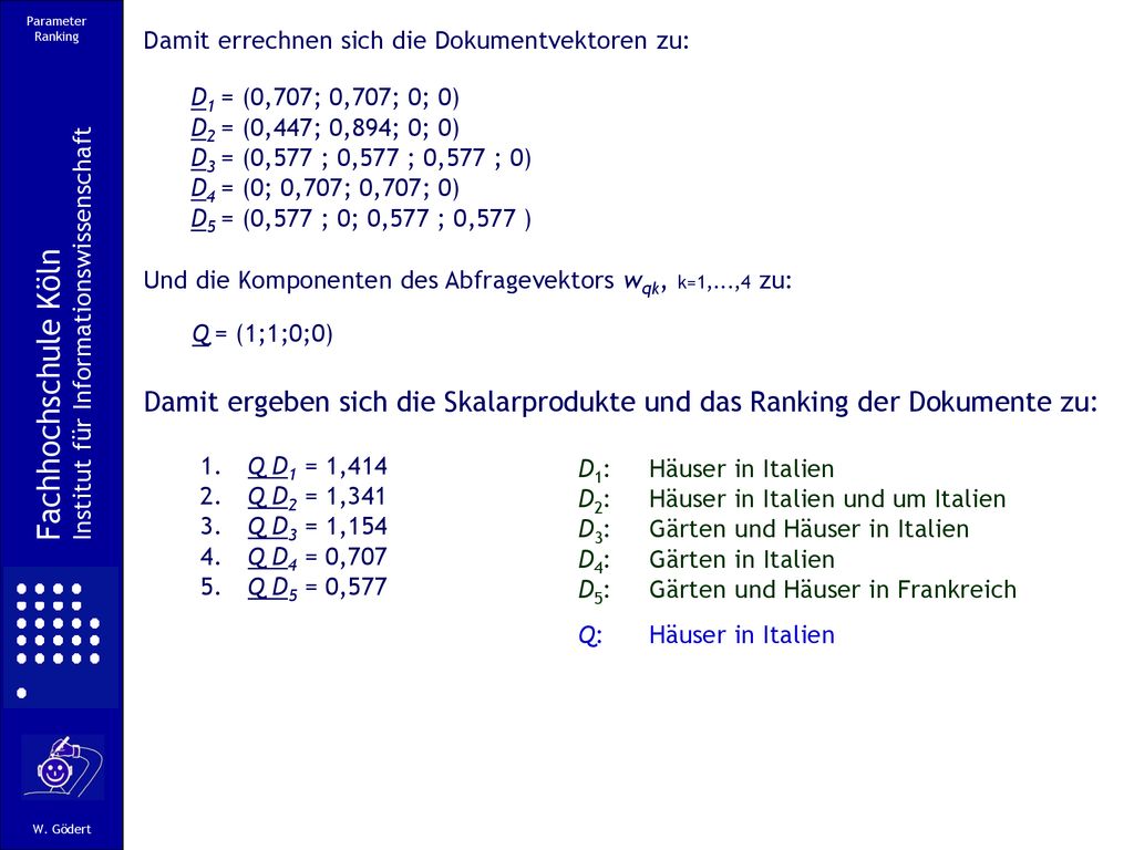 Parameter Ranking Damit errechnen sich die Dokumentvektoren zu: D1 = (0,707; 0,707; 0; 0) D2 = (0,447; 0,894; 0; 0)