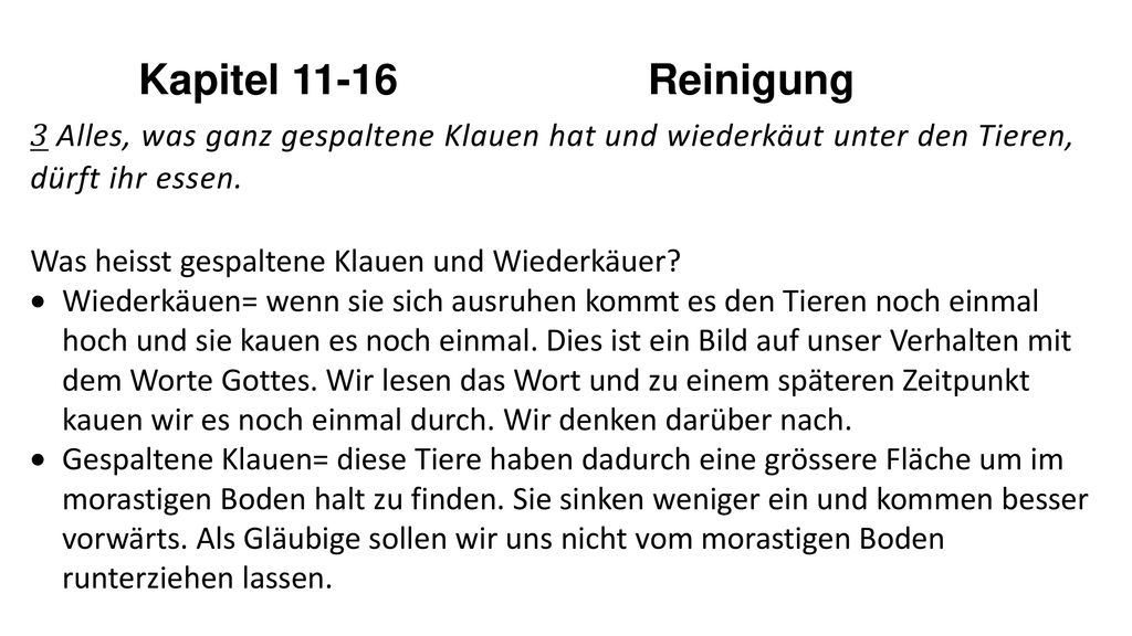 Kapitel Reinigung 3 Alles, was ganz gespaltene Klauen hat und wiederkäut unter den Tieren, dürft ihr essen.