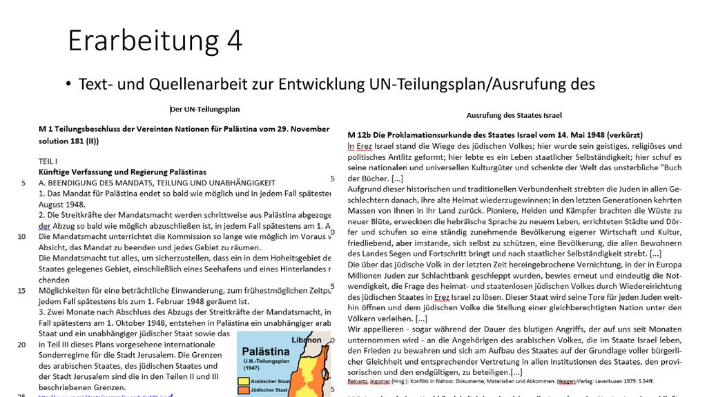 Erarbeitung 4 Text- und Quellenarbeit zur Entwicklung UN-Teilungsplan/Ausrufung des Staats Israel