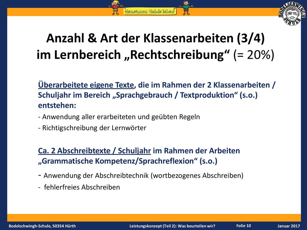 Anzahl & Art der Klassenarbeiten (3/4) im Lernbereich „Rechtschreibung (= 20%)