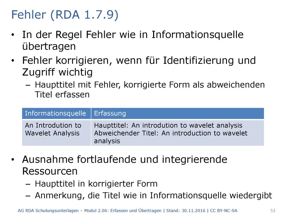 Fehler (RDA 1.7.9) In der Regel Fehler wie in Informationsquelle übertragen. Fehler korrigieren, wenn für Identifizierung und Zugriff wichtig.