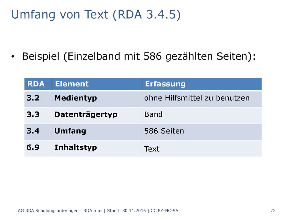 Umfang von Text (RDA 3.4.5) Beispiel (Einzelband mit 586 gezählten Seiten): RDA. Element. Erfassung.