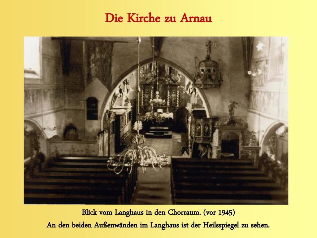 Die Kirche zu Arnau Blick vom Langhaus in den Chorraum. (vor 1945)