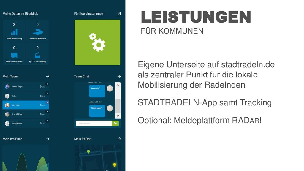 Leistungen für Kommunen. Eigene Unterseite auf stadtradeln.de als zentraler Punkt für die lokale Mobilisierung der Radelnden.