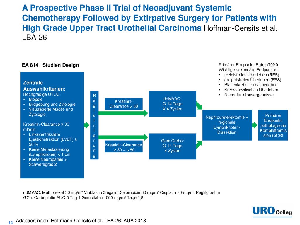 A Prospective Phase II Trial of Neoadjuvant Systemic Chemotherapy Followed by Extirpative Surgery for Patients with High Grade Upper Tract Urothelial Carcinoma Hoffman-Censits et al. LBA-26