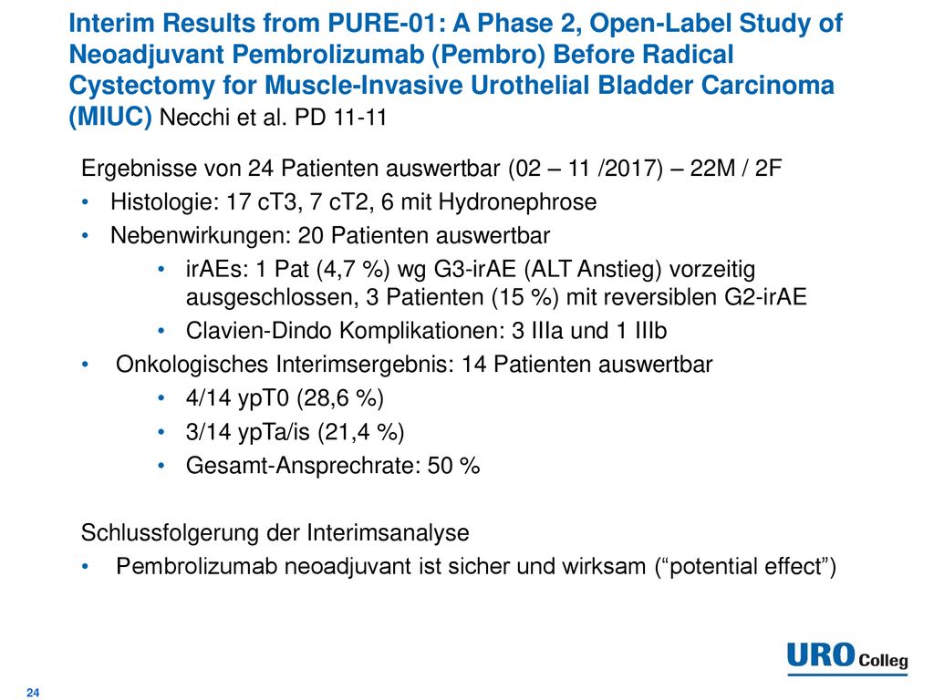 Interim Results from PURE-01: A Phase 2, Open-Label Study of Neoadjuvant Pembrolizumab (Pembro) Before Radical Cystectomy for Muscle-Invasive Urothelial Bladder Carcinoma (MIUC) Necchi et al. PD 11-11