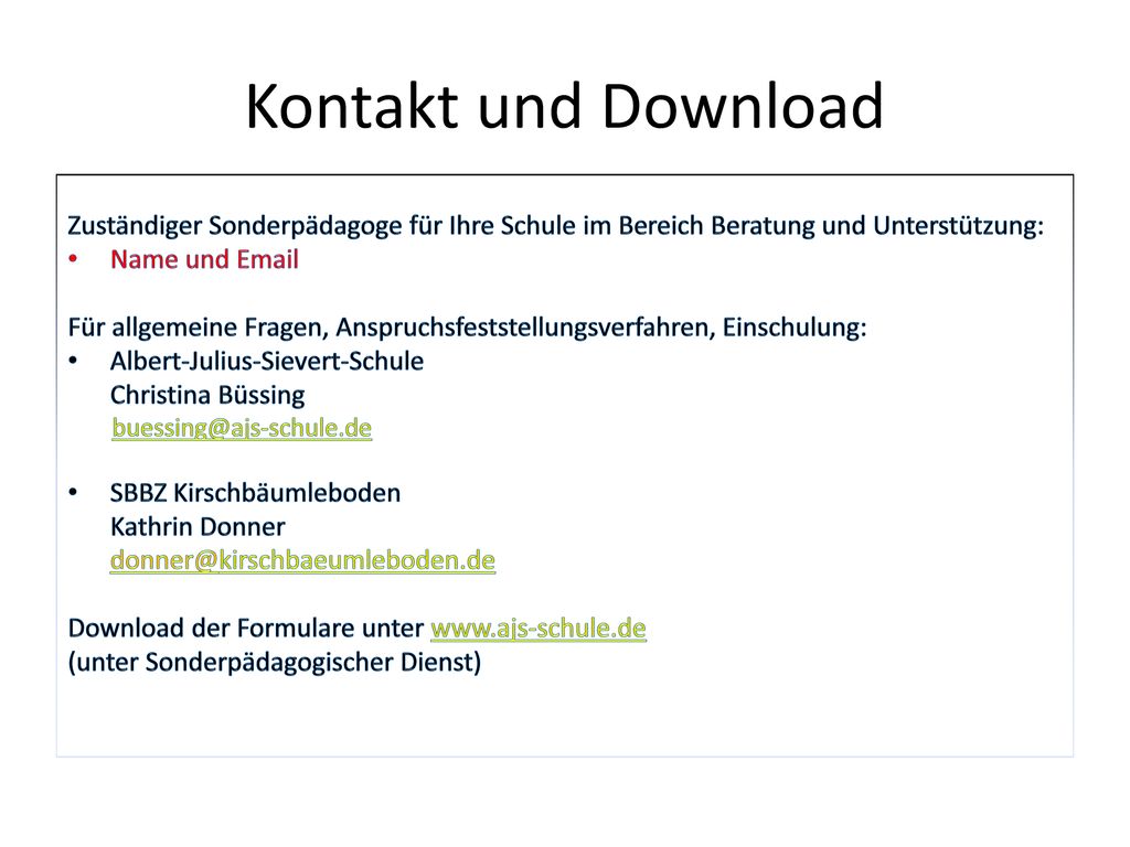 Kontakt und Download Zuständiger Sonderpädagoge für Ihre Schule im Bereich Beratung und Unterstützung: