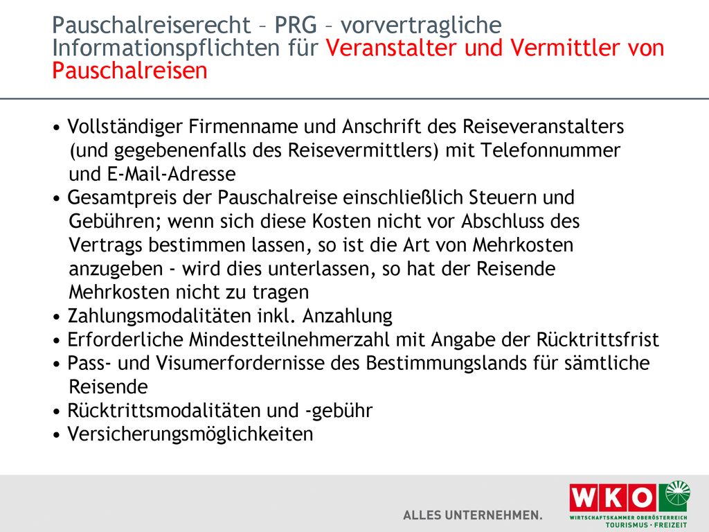 Pauschalreiserecht – PRG – vorvertragliche Informationspflichten für Veranstalter und Vermittler von Pauschalreisen