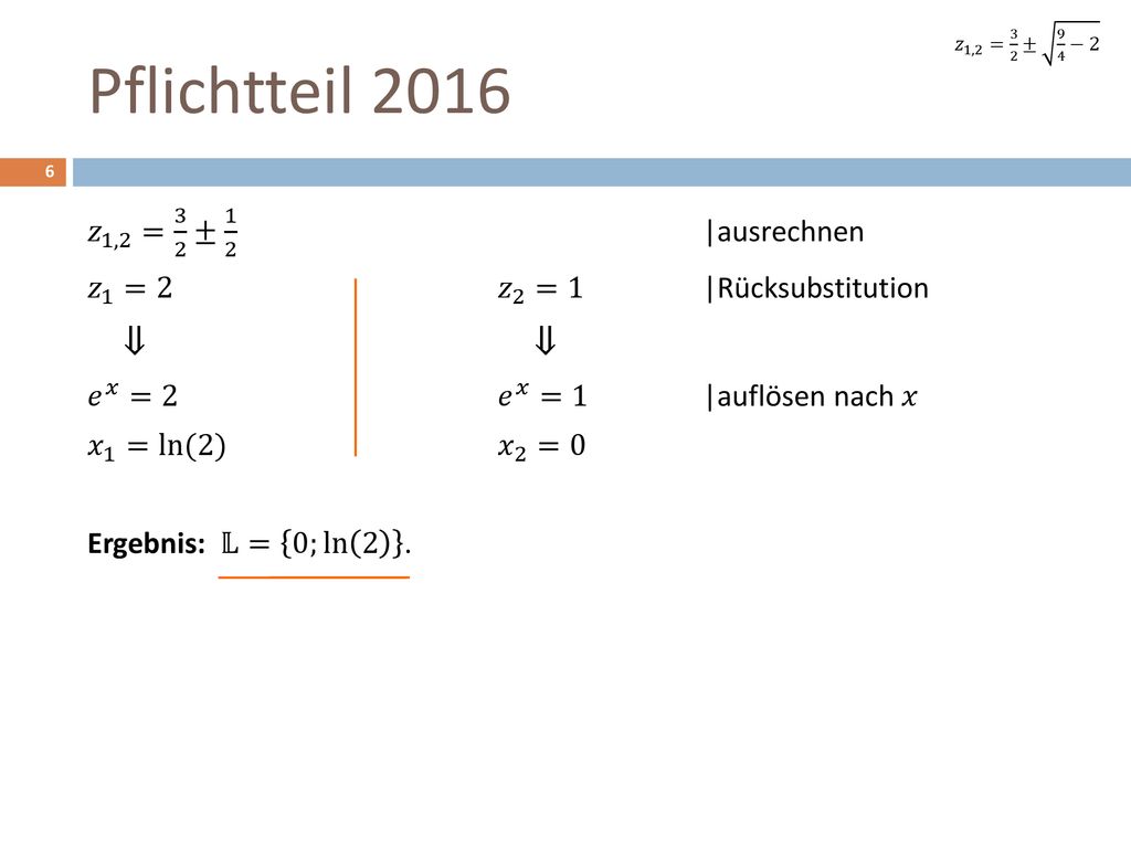 Pflichtteil 2016 ⇓ ⇓ 𝑧 1,2 = 3 2 ± 1 2 |ausrechnen