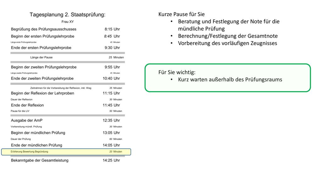 Kurze Pause für Sie Beratung und Festlegung der Note für die mündliche Prüfung. Berechnung/Festlegung der Gesamtnote.