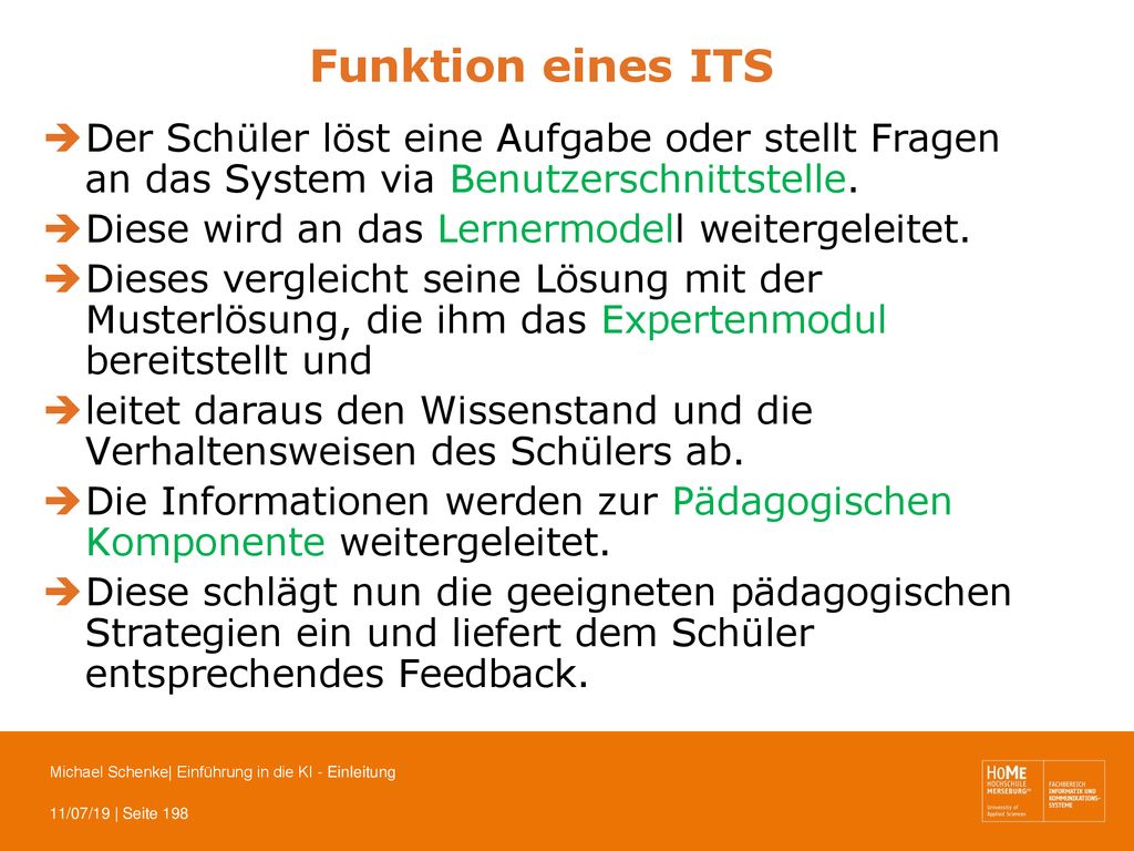 Funktion eines ITS Der Schüler löst eine Aufgabe oder stellt Fragen an das System via Benutzerschnittstelle.