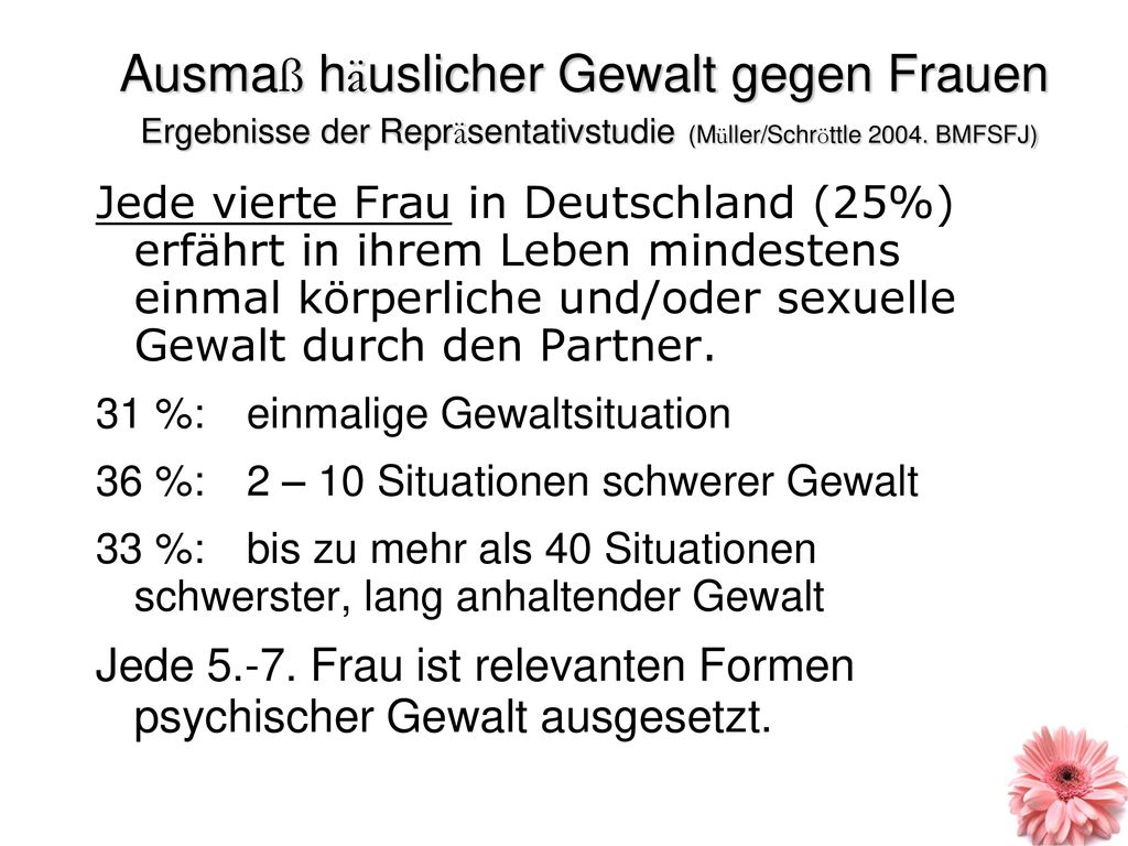Ausmaß häuslicher Gewalt gegen Frauen Ergebnisse der Repräsentativstudie (Müller/Schröttle BMFSFJ)