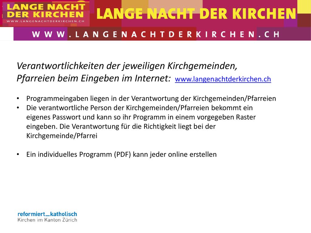 Verantwortlichkeiten der jeweiligen Kirchgemeinden, Pfarreien beim Eingeben im Internet: