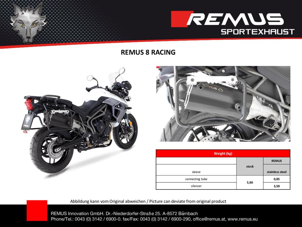 REMUS 8 RACING Weight (kg) stock. REMUS. sleeve. stainless steel. connecting tube. 5,90. 0,85.