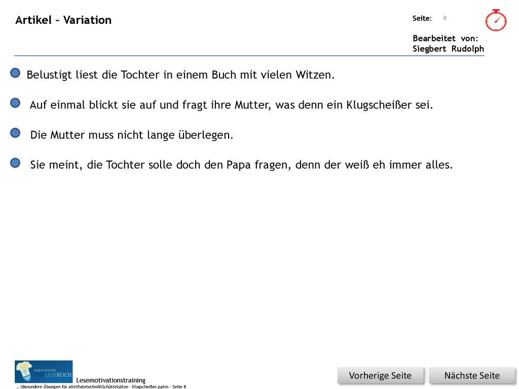 Belustigt liest die Tochter in einem Buch mit vielen Witzen.