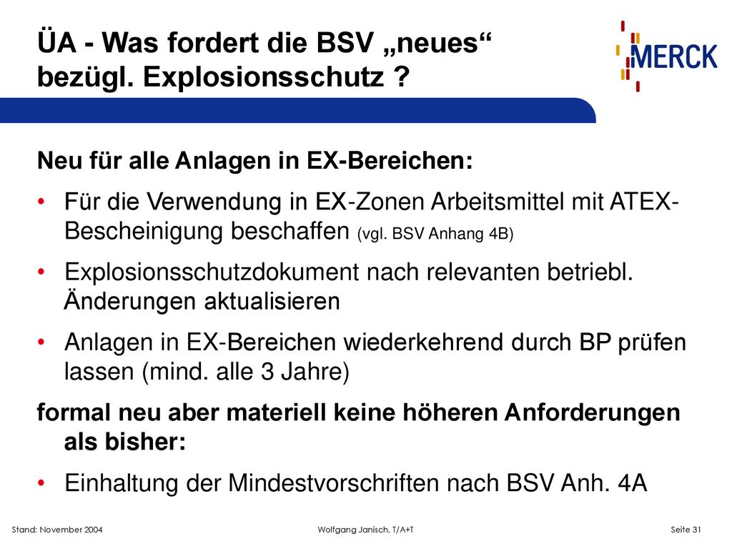 ÜA - Was fordert die BSV „neues bezügl. Explosionsschutz