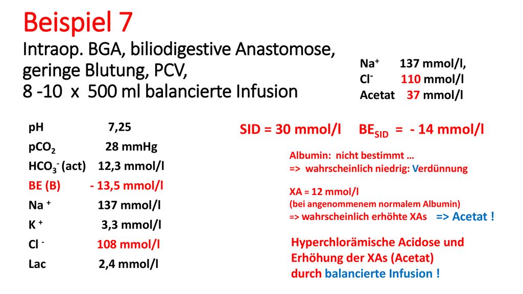 Beispiel 7 Intraop. BGA, biliodigestive Anastomose, geringe Blutung, PCV, x 500 ml balancierte Infusion