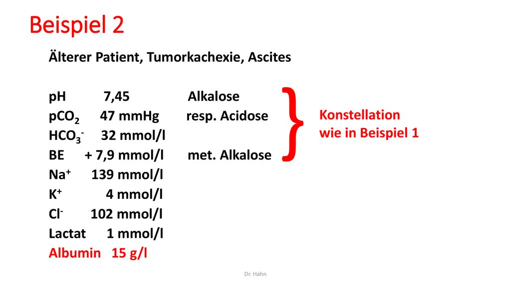 } Beispiel 2 Älterer Patient, Tumorkachexie, Ascites pH 7,45 Alkalose