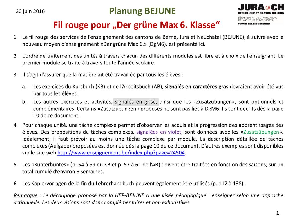 Planung BEJUNE Fil rouge pour „Der grüne Max 6. Klasse