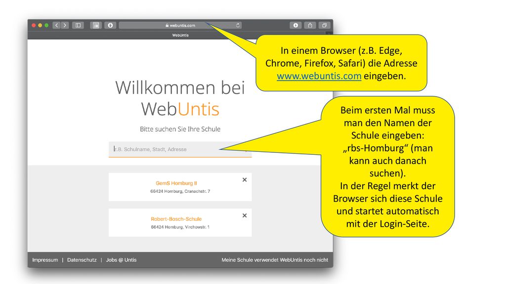 Beim ersten Mal muss man den Namen der Schule eingeben: