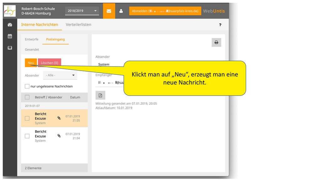 Klickt man auf „Neu , erzeugt man eine neue Nachricht.