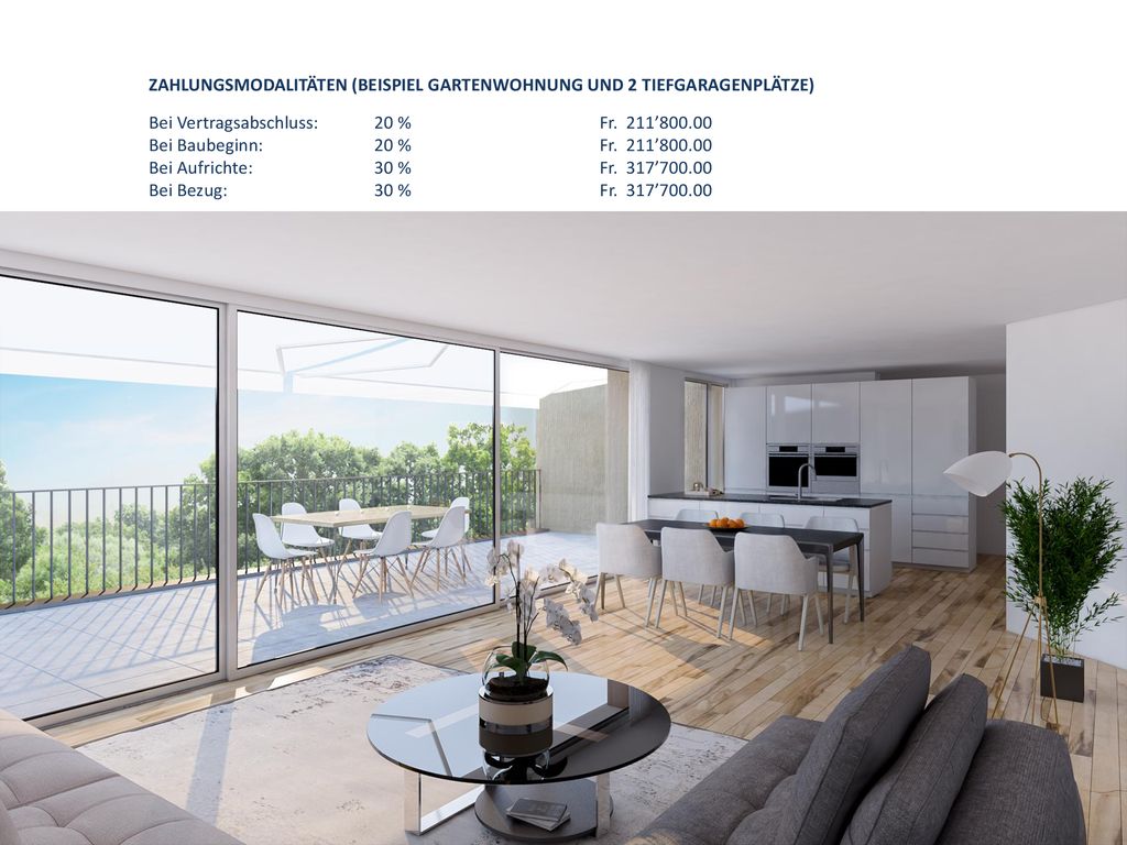 Zahlungsmodalitäten (Beispiel Gartenwohnung und 2 Tiefgaragenplätze) Bei Vertragsabschluss: 20 % Fr. 211’