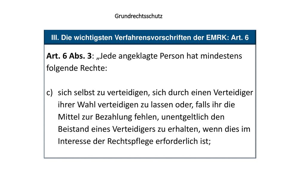Art. 6 Abs. 3: „Jede angeklagte Person hat mindestens folgende Rechte: