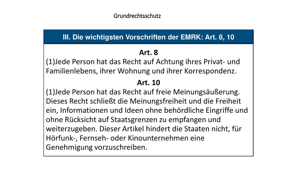Grundrechtsschutz III. Die wichtigsten Vorschriften der EMRK: Art. 8, 10. Art. 8.