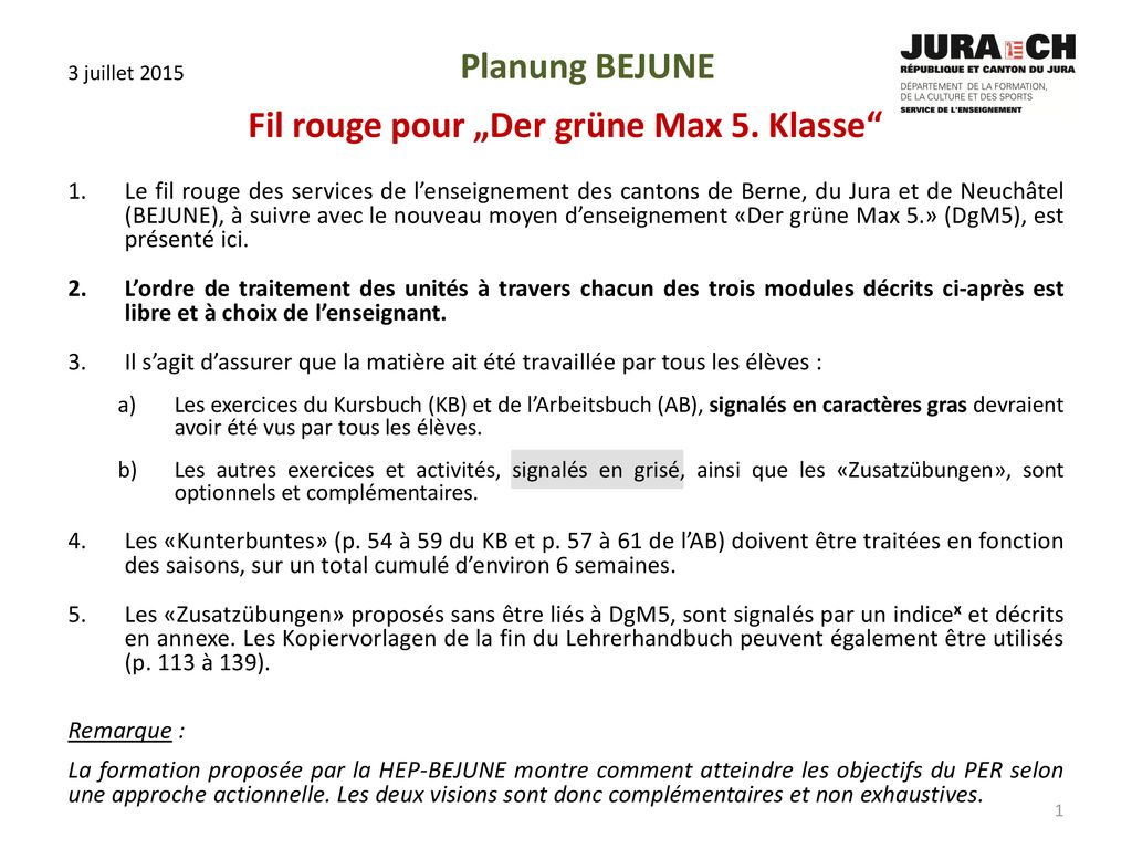 Planung BEJUNE Fil rouge pour „Der grüne Max 5. Klasse