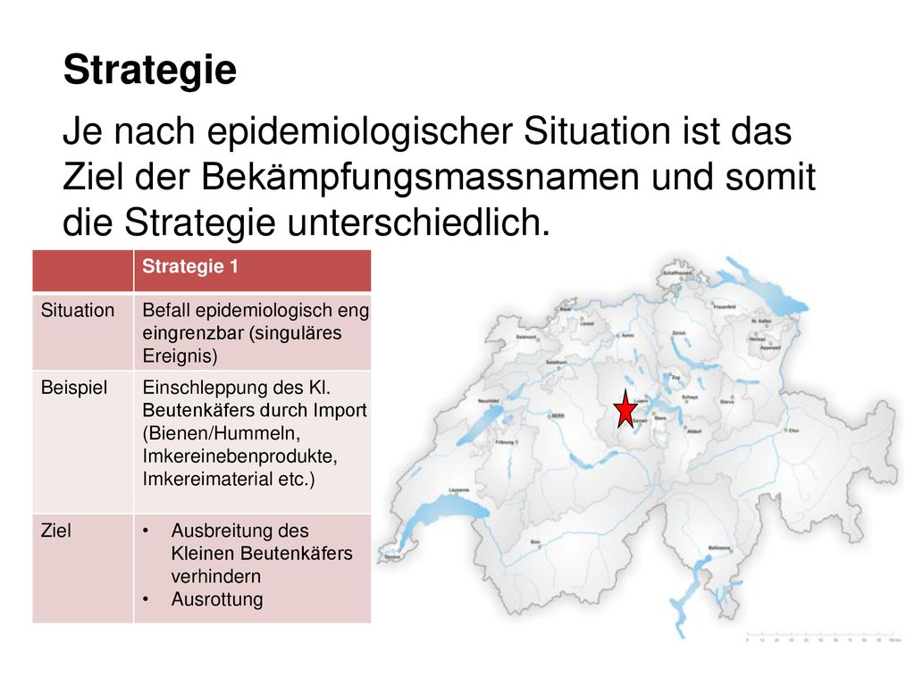 Strategie Je nach epidemiologischer Situation ist das Ziel der Bekämpfungsmassnamen und somit die Strategie unterschiedlich.