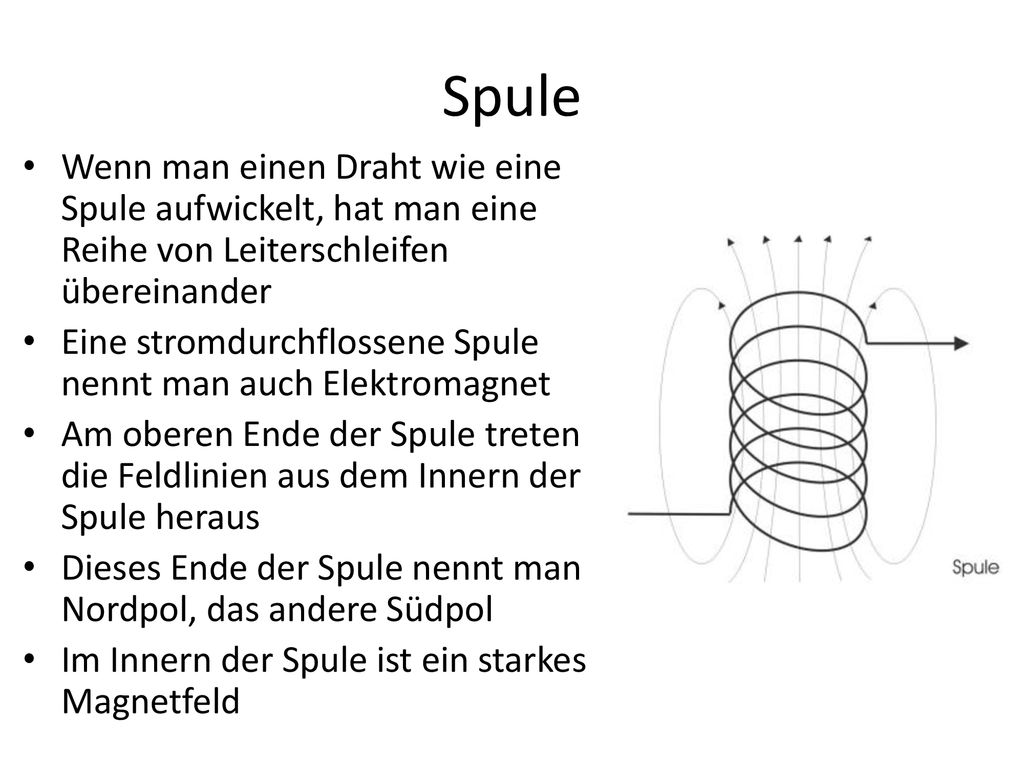 Spule Wenn man einen Draht wie eine Spule aufwickelt, hat man eine Reihe von Leiterschleifen übereinander.