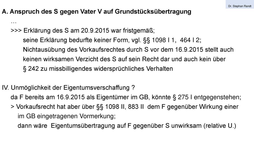 A. Anspruch des S gegen Vater V auf Grundstücksübertragung …