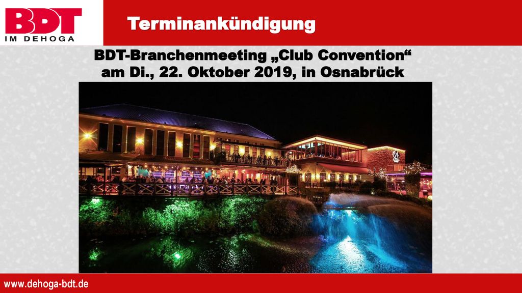 Terminankündigung BDT-Branchenmeeting „Club Convention am Di., 22. Oktober 2019, in Osnabrück