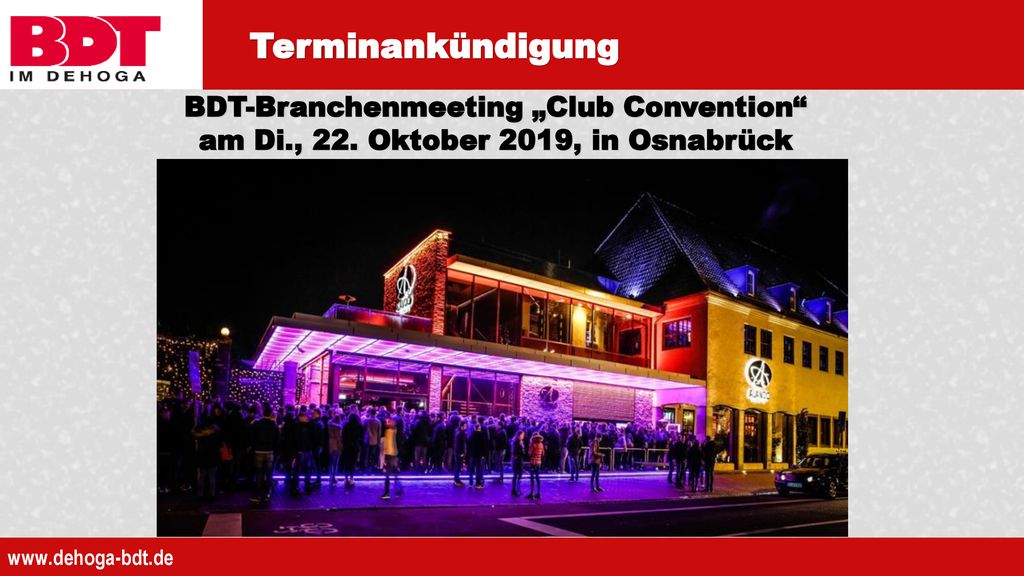 Terminankündigung BDT-Branchenmeeting „Club Convention am Di., 22. Oktober 2019, in Osnabrück