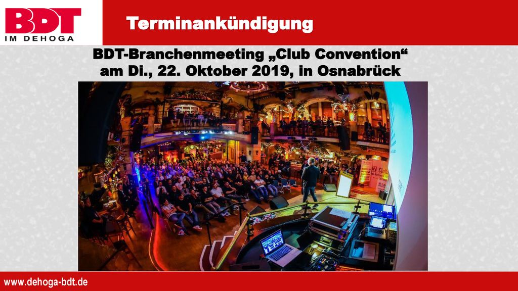 Terminankündigung BDT-Branchenmeeting „Club Convention am Di., 22. Oktober 2019, in Osnabrück