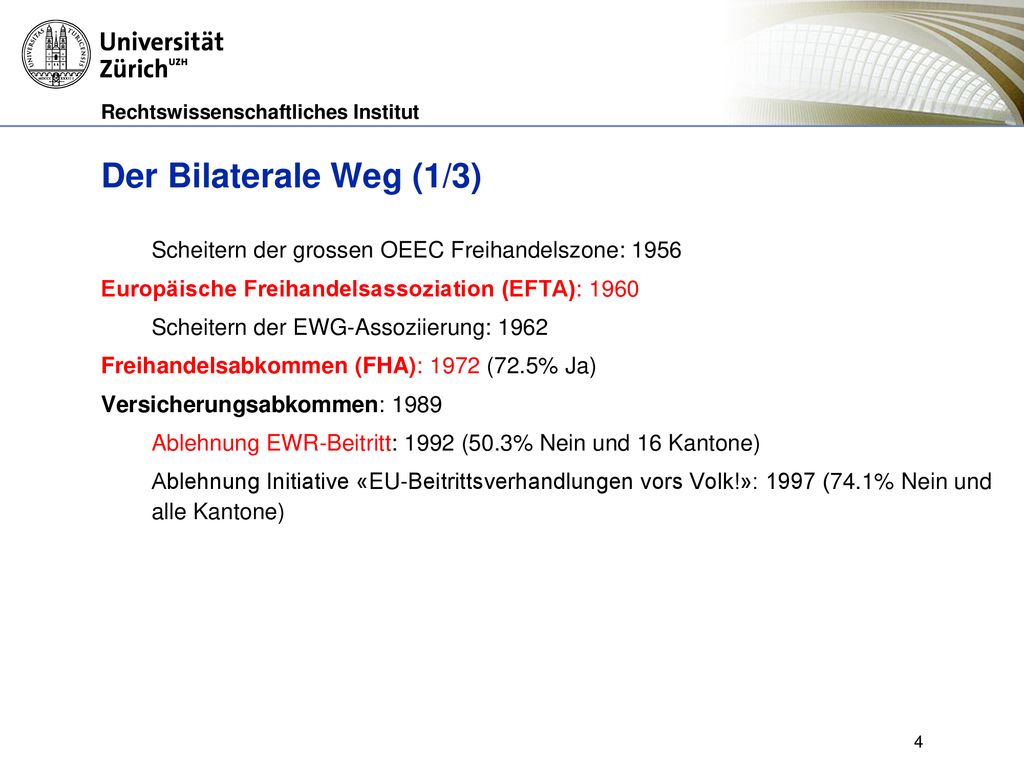 Der Bilaterale Weg (1/3) Scheitern der grossen OEEC Freihandelszone: Europäische Freihandelsassoziation (EFTA):
