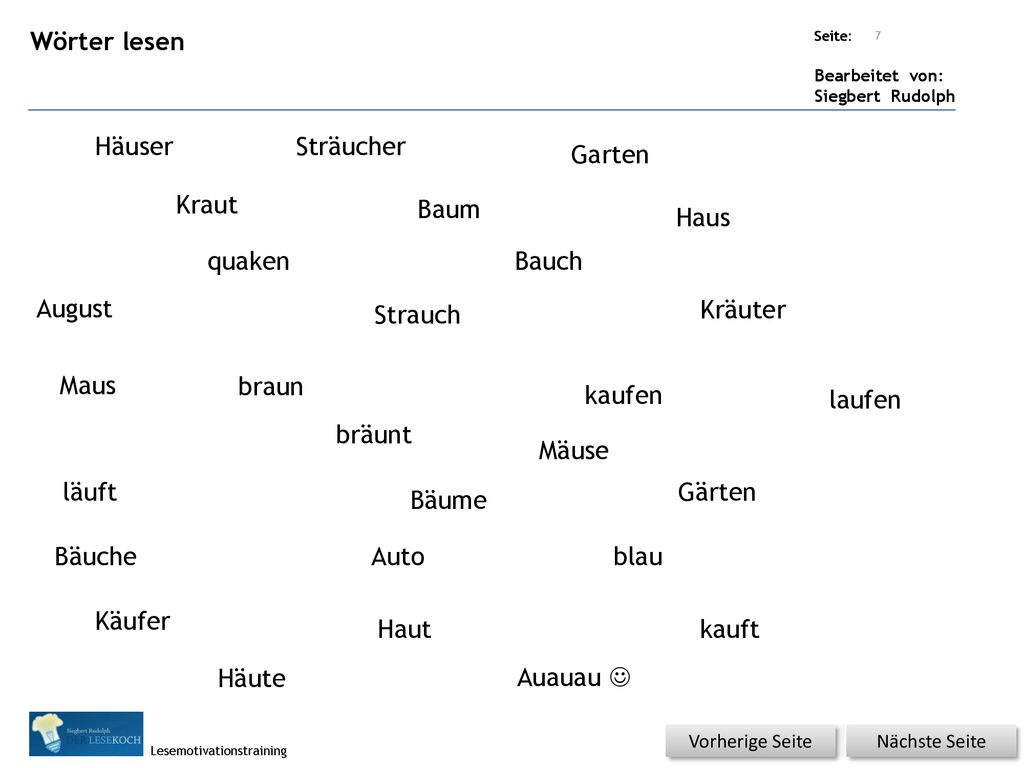 Wörter lesen Häuser Sträucher Garten Kraut Baum Haus quaken Bauch