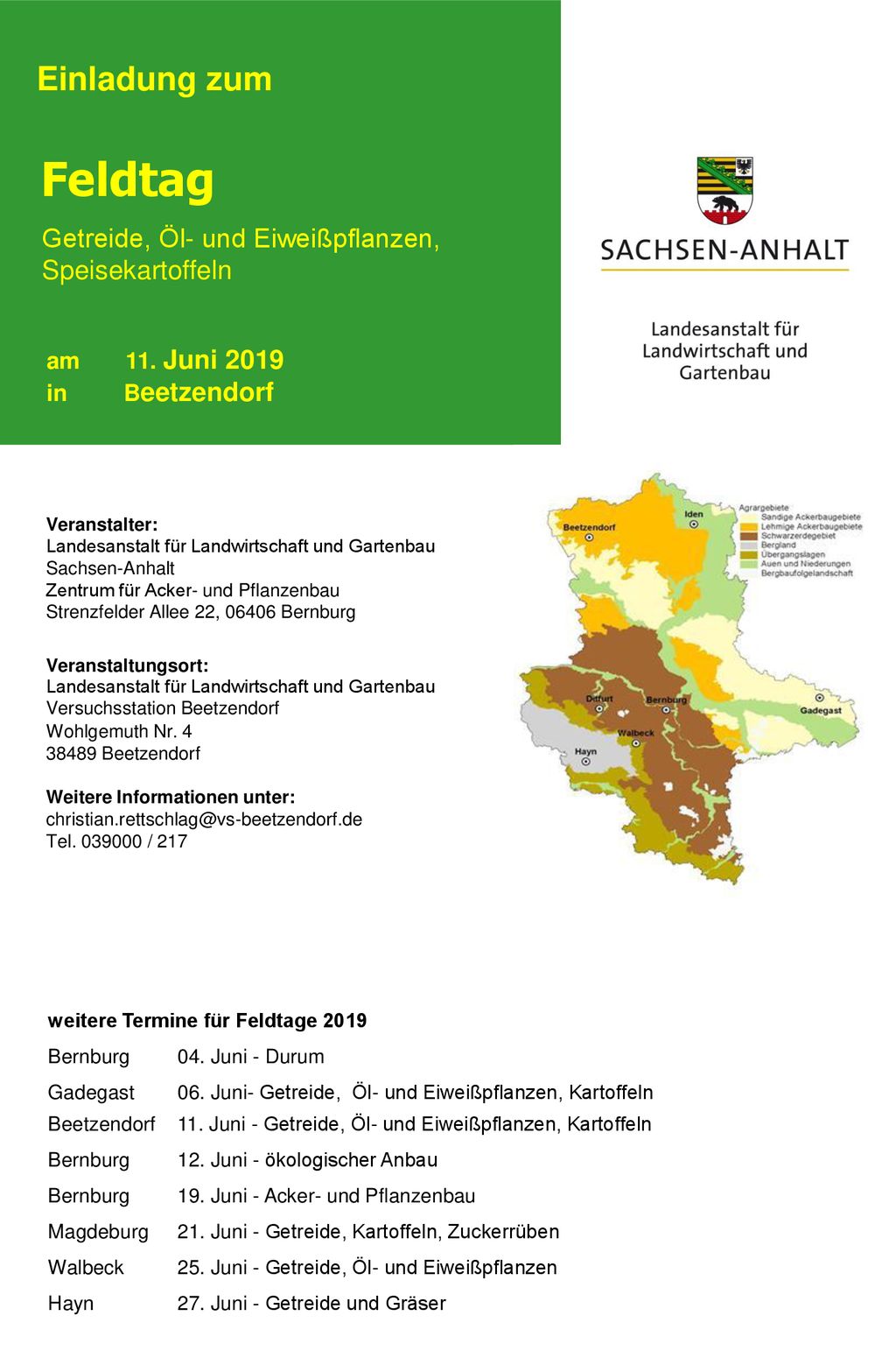 Einladung zum Feldtag. Getreide, Öl- und Eiweißpflanzen, Speisekartoffeln. am 11. Juni