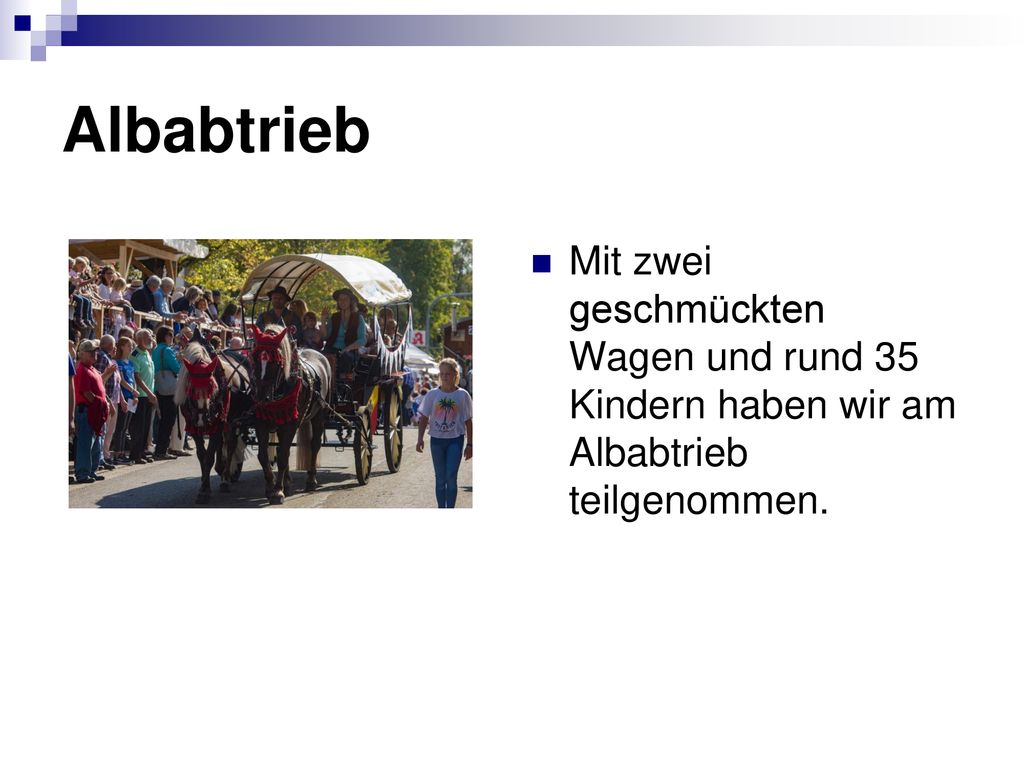 Albabtrieb Mit zwei geschmückten Wagen und rund 35 Kindern haben wir am Albabtrieb teilgenommen.