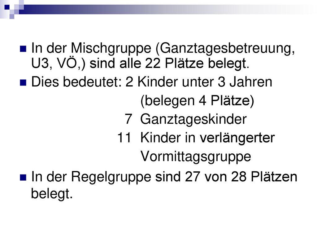In der Mischgruppe (Ganztagesbetreuung, U3, VÖ,) sind alle 22 Plätze belegt.
