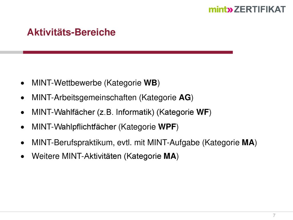 Aktivitäts-Bereiche MINT-Wettbewerbe (Kategorie WB)